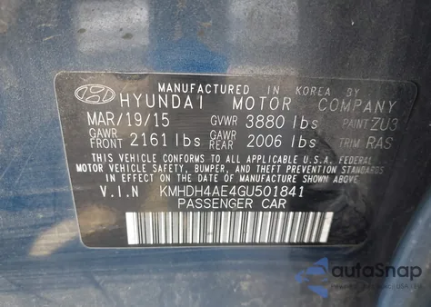2016 Hyundai Elantra Se from USA, damaged, VIN KMHDH4AE4GU501841